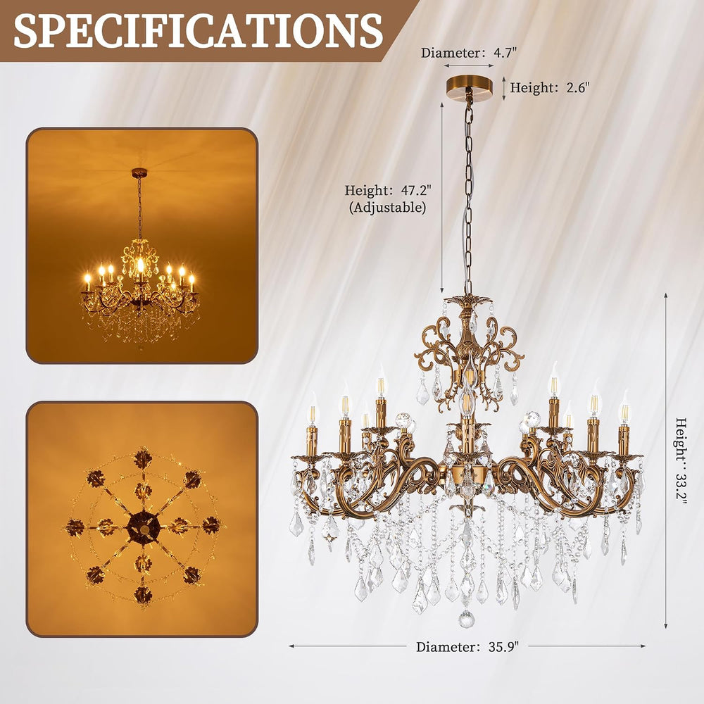 Wellmet Crystal Chandeliers 35.9" Vintage Antique Bronze Chandelier