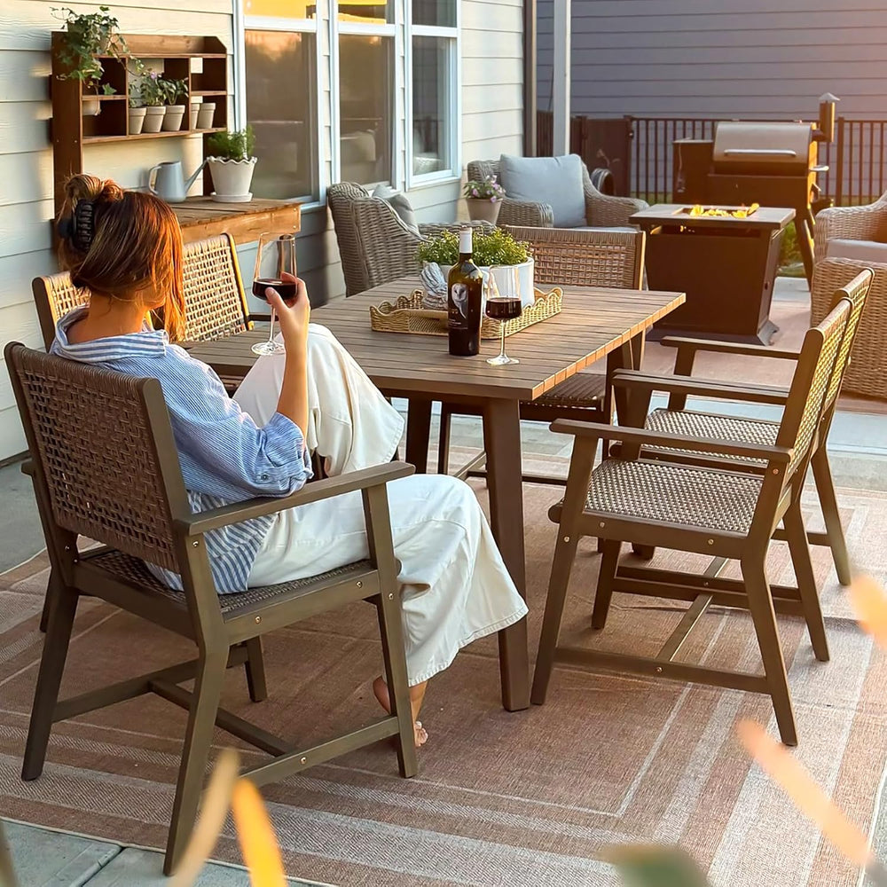 PHI VILLA Patio Dining Chairs, Set of 6, Acacia Wood & Wicker, Wood