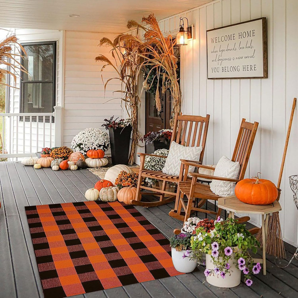 Fall Outdoor Rug Orange Buffalo Plaid Outdoor Rug Cotton Hand-Woven Buffalo C...
