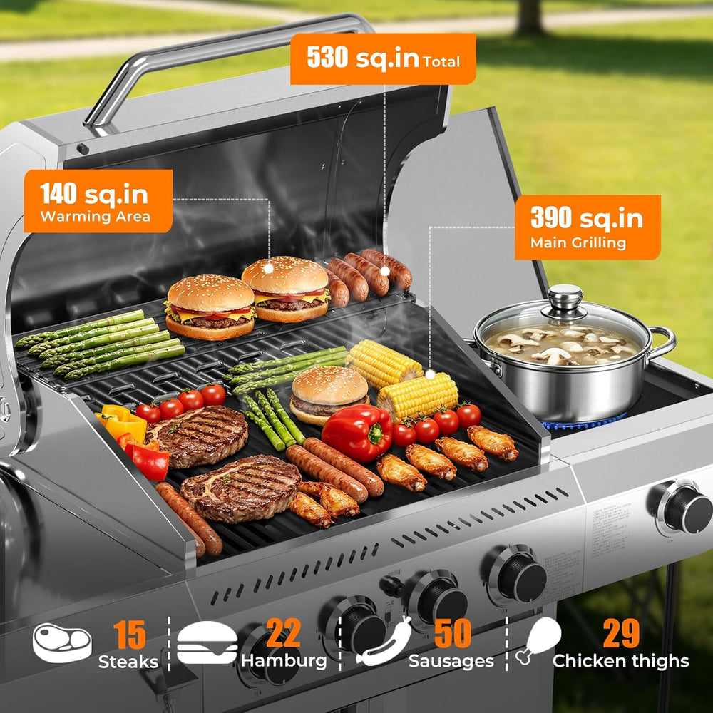 Kismile 4-Burner Propane Gas Grill with Side Burner, Stainless Steel 42,000 B...