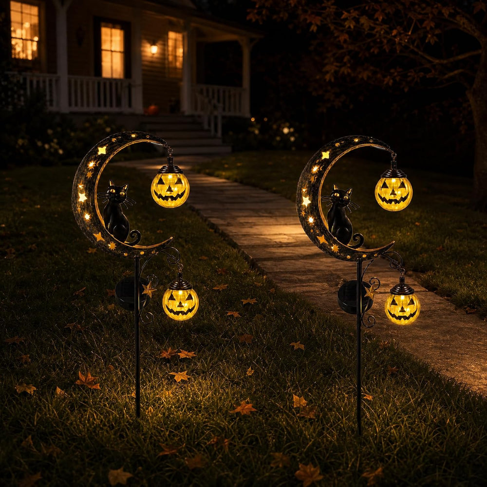 2 Pack Solar Halloween Pumpkin Moon Black Cat Garden Stake Lights Outdoor