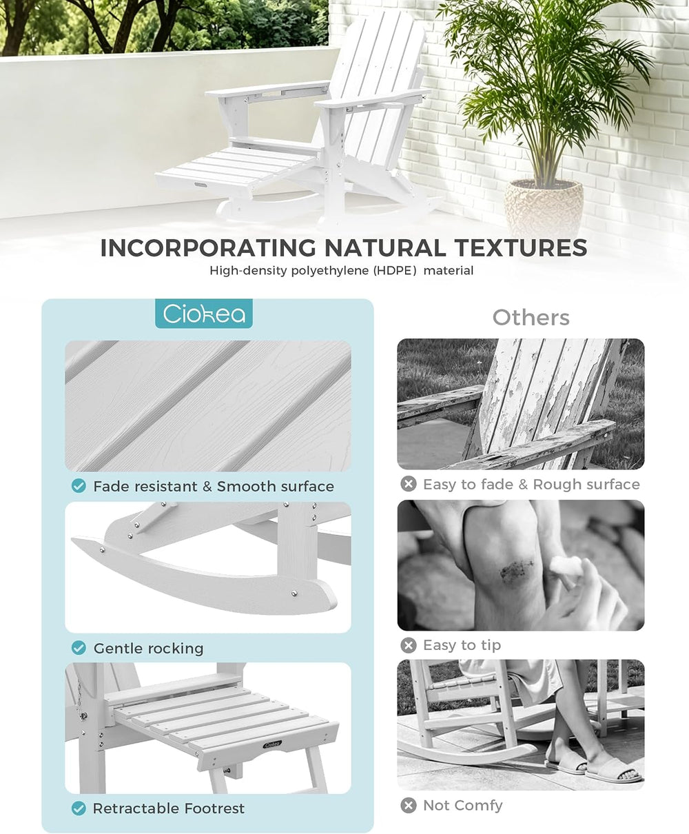 Ciokea Adirondack Rocking Chairs Set of 2 with Retractable Ottoman (White)