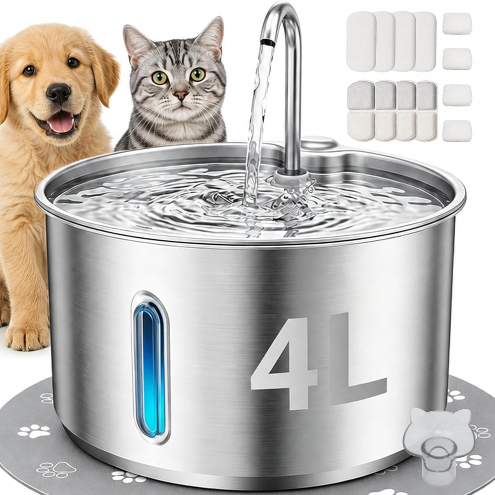 Stainless Steel Cat Water Fountain, 4L Quiet Pet Fountain for Cats & Dogs