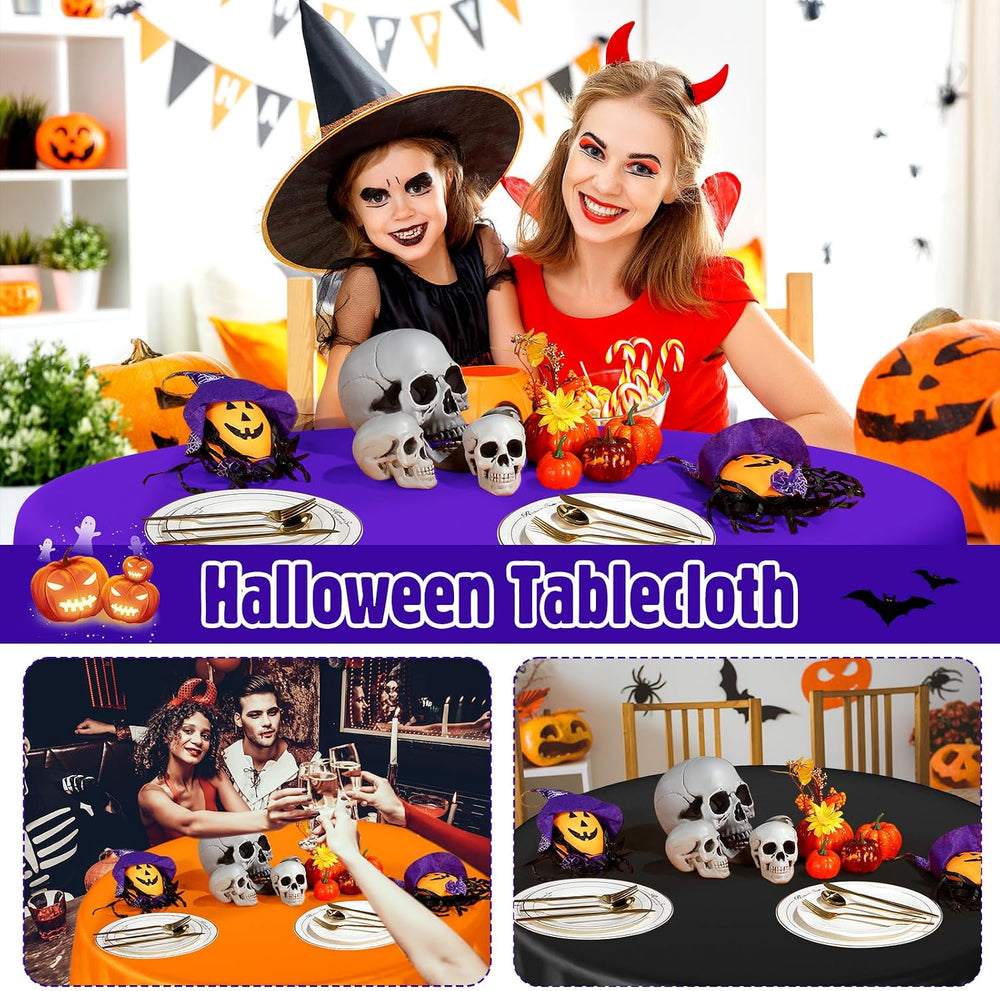 24 Pcs Halloween Round Plastic Tablecloths, 84 Inch Black, Purple, Orange