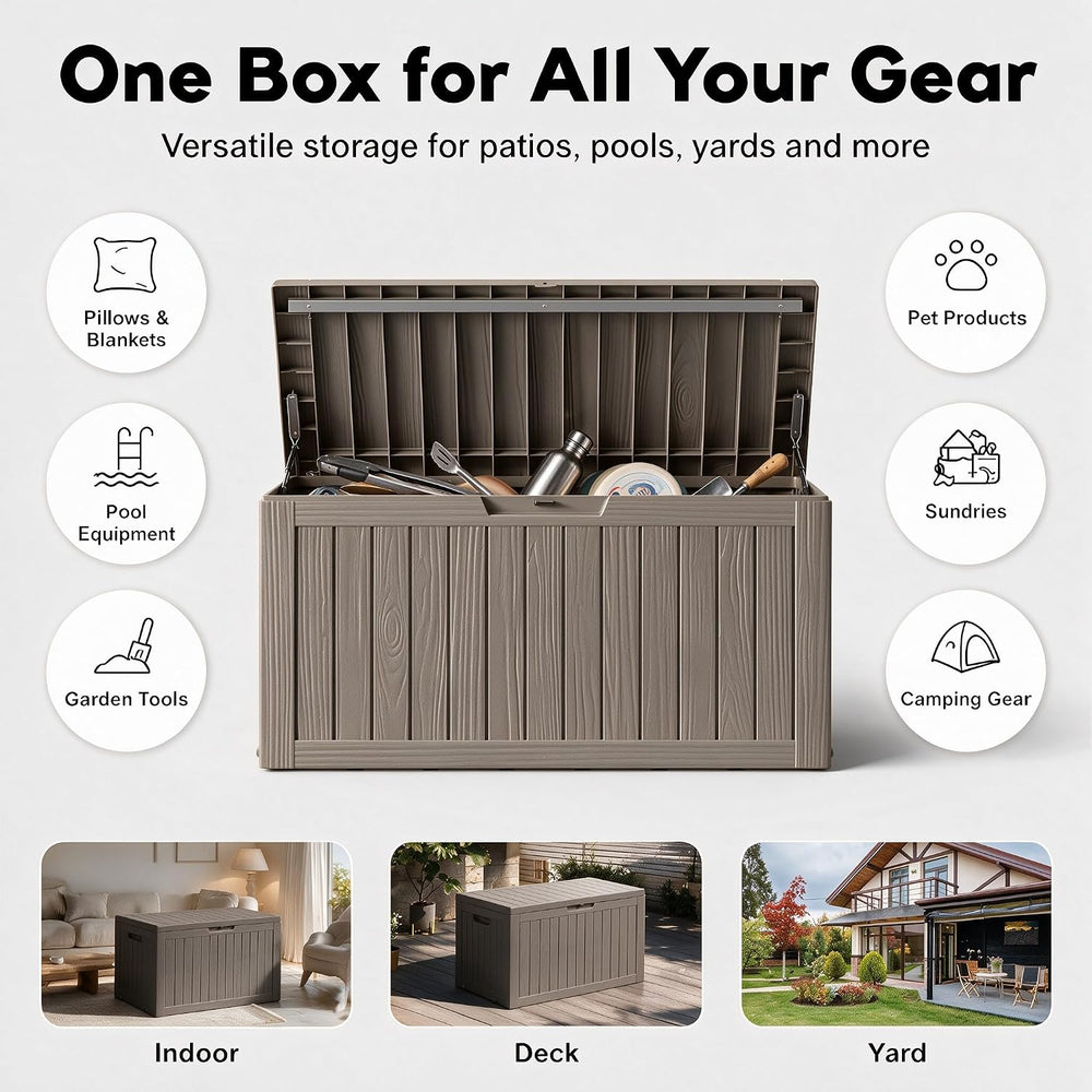 91 Gal Deck Box,Waterproof Resin Outdoor Storage Gas Lift,Lockable Grey
