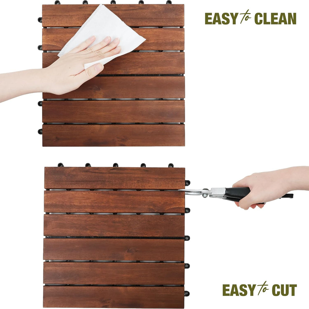 Acacia Wood Interlocking Deck Tiles, Patio & Backyard Tile, 12 in, 9 PCS