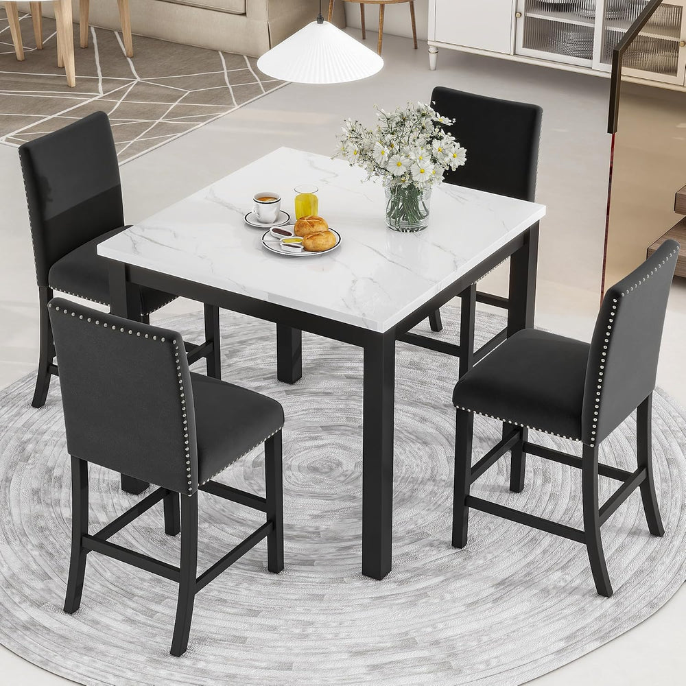 Merax Dining Table Set for 4, Counter Height Kitchen Table with Faux Marble D...