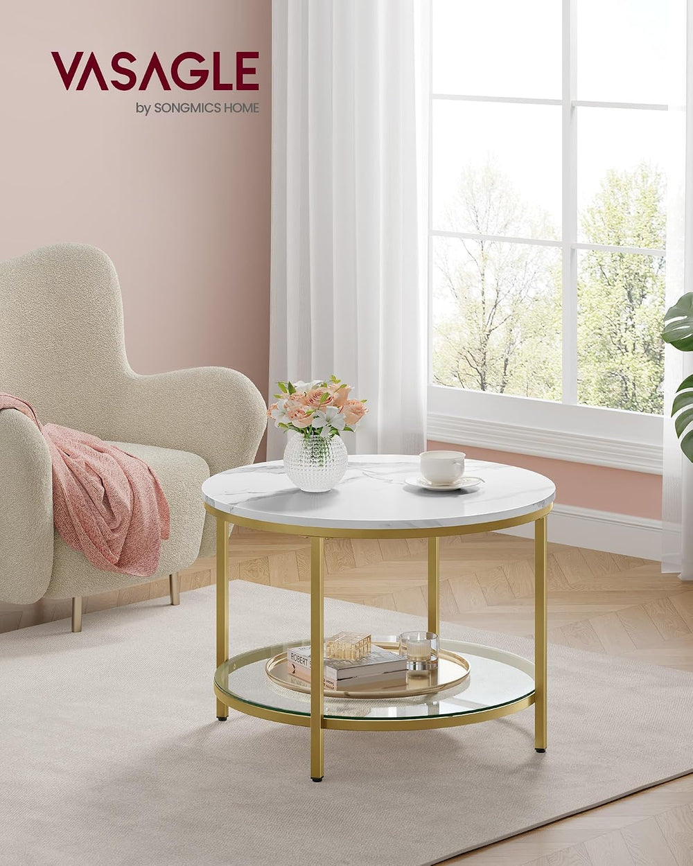 VASAGLE Round Coffee Table, 2-Tier, Faux Marble Top, Glass Storage Shelf