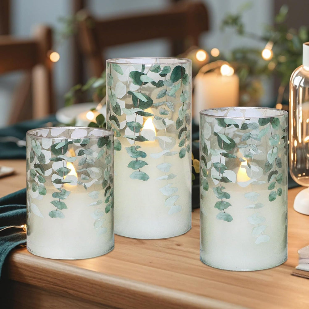 Green Glass Flameless Candles Remote Timer Eucalyptus Leaves Greenery Design ...
