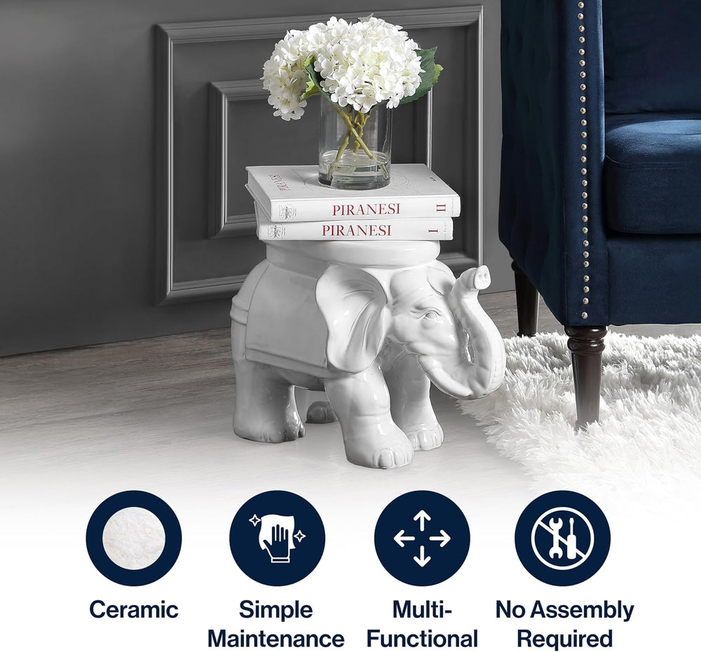 JONATHAN Y White Elephant Ceramic Garden Stool 14.25", Antique White