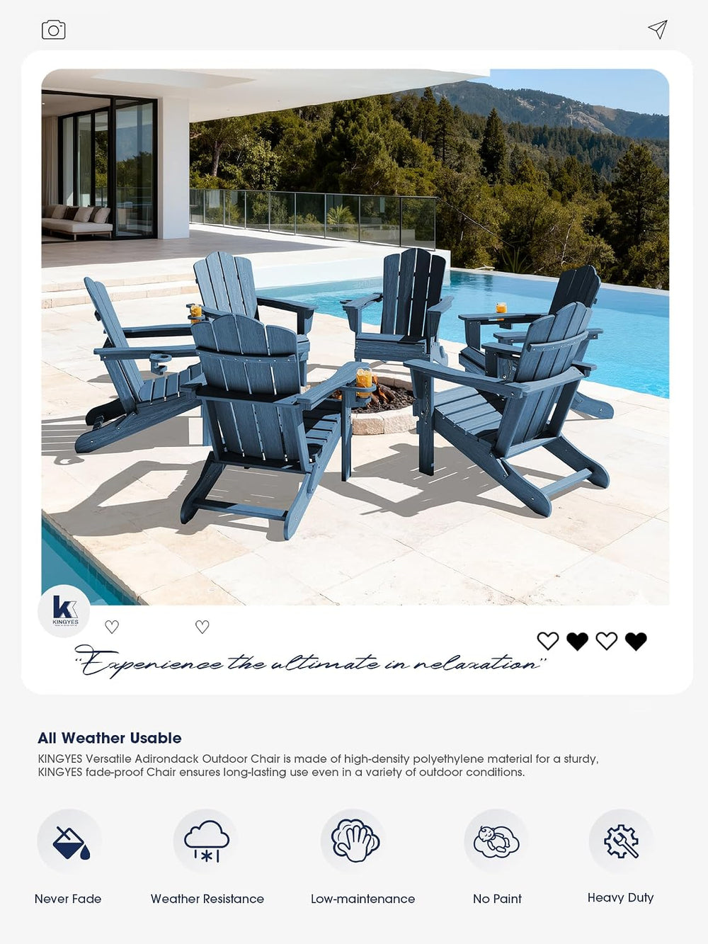 KINGYES Folding Adirondack Chair Set of 6 with Cup Holder, Navy