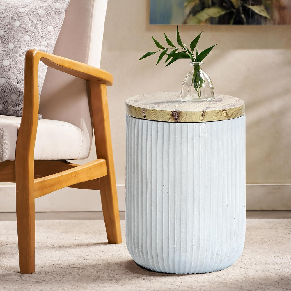 LuxenHome 18" Cement Outdoor Side Table with Storage and Wood-Look Lid