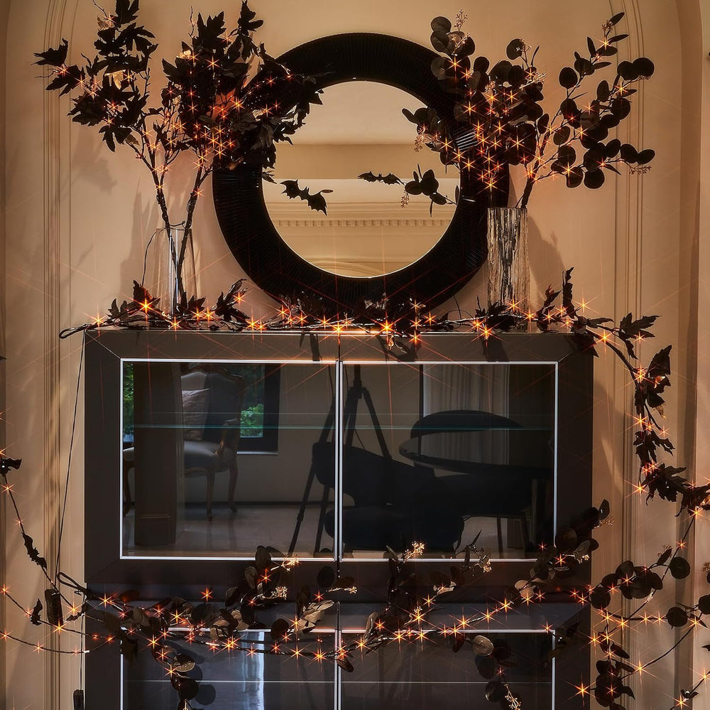 Hairui Lighted Black Eucalyptus Garland with Timer 96 LED Orange and Warm Whi...