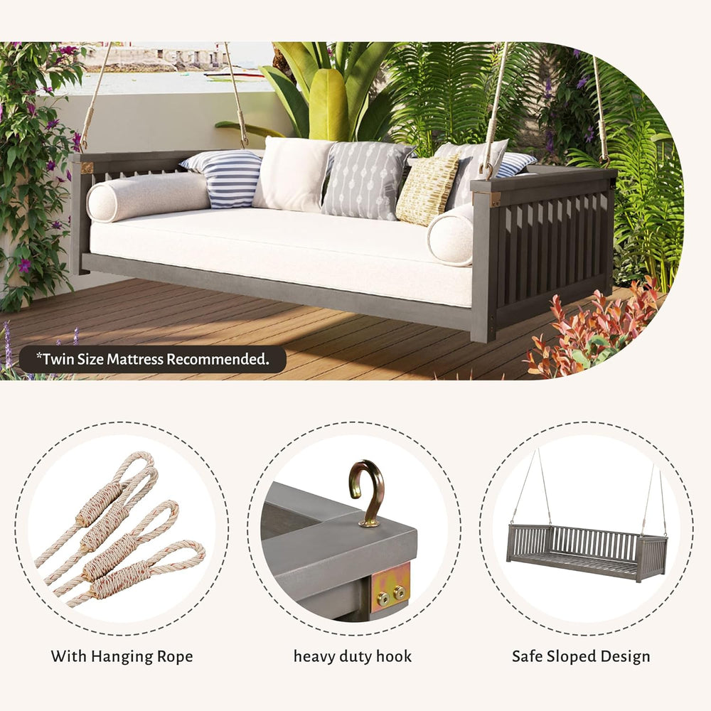 Patio Minimalist Acacia Wood Porch Swing with Hemp Rope, Twin Size Garden Swi...