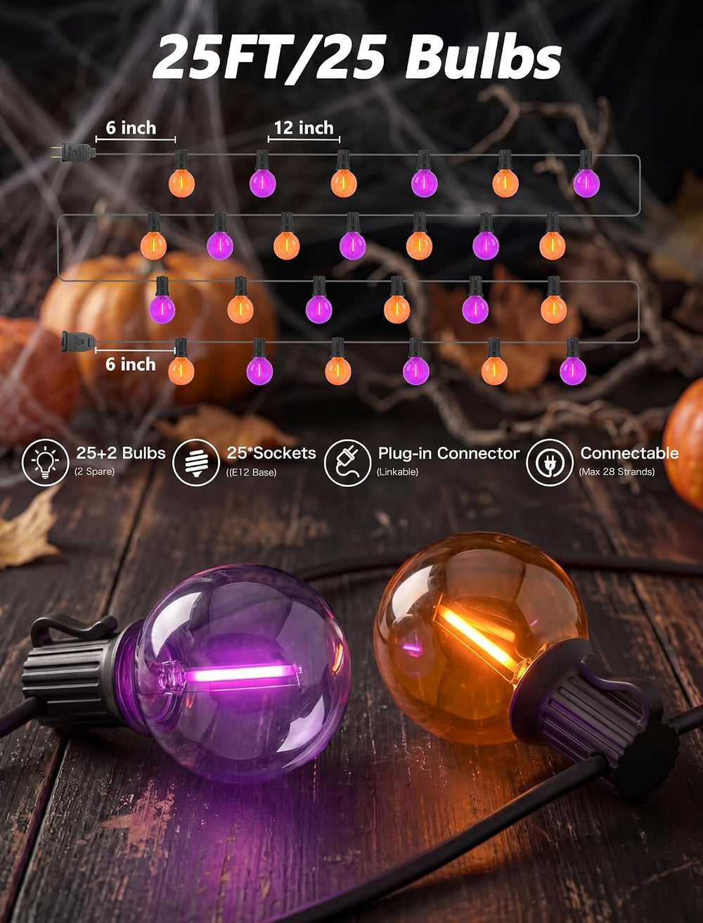 SUNSGNE 25FT G40 LED Outdoor Orange and Purple Halloween String Lights