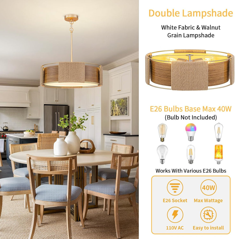 Modern Rattan Chandelier, 4-Light 2-Layer Shade Gold Chandelier Rustic 19.7