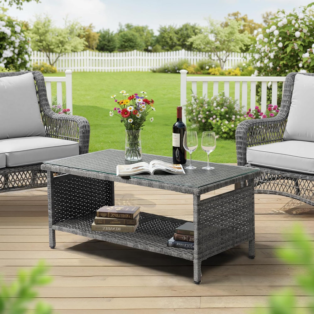 VINGLI Outdoor Wicker CoffeeTable Patio Coffee Tables for Outside, Tempered G...