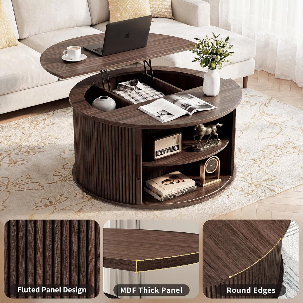 Round Lift Top Coffee Table, 31.5'' Fluted Coffee Table with Hidden S...