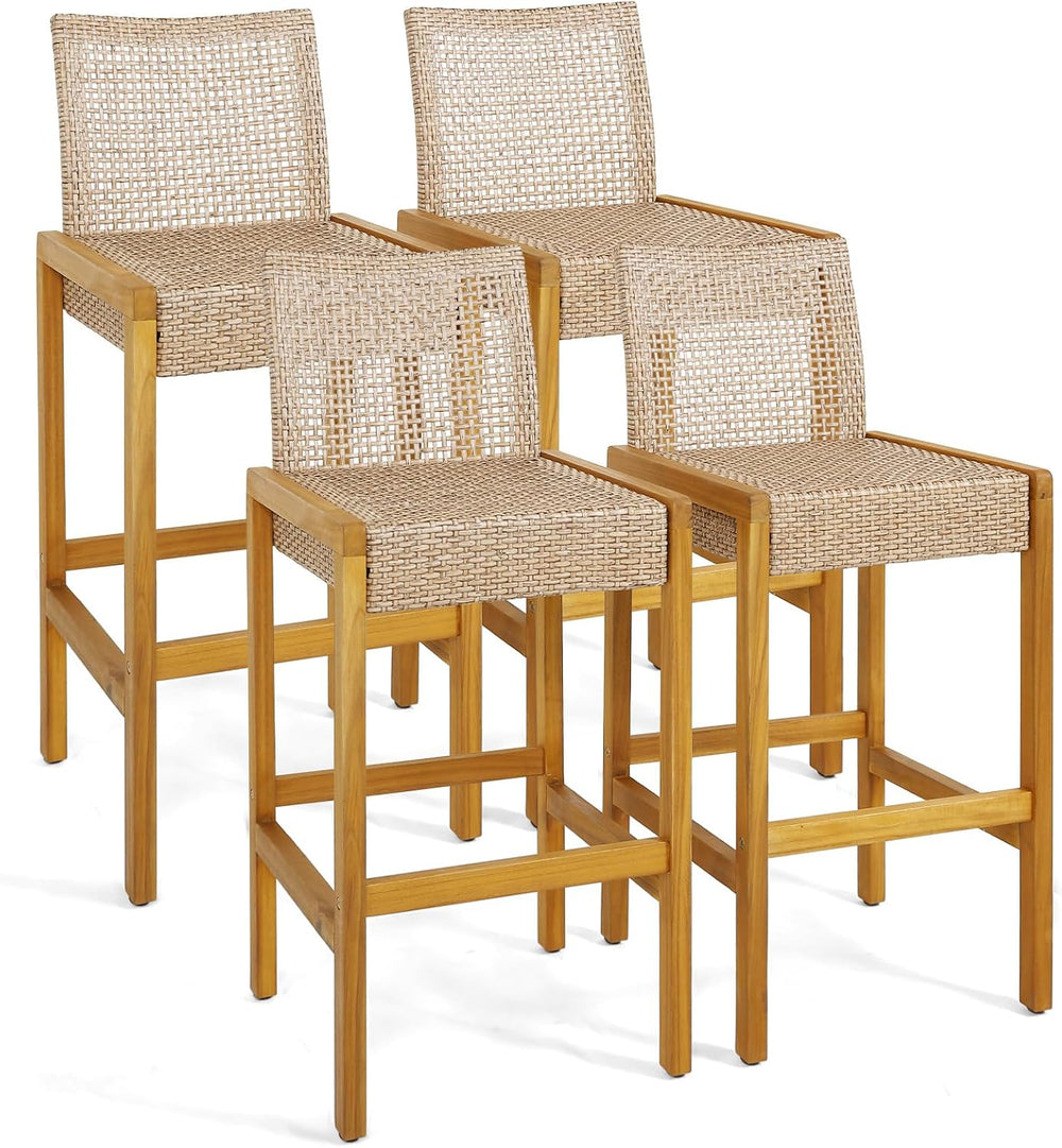 HAPPYGRILL Wicker Bar Stools Set of 4, Patio Chairs with Solid Wood Frame, Er...
