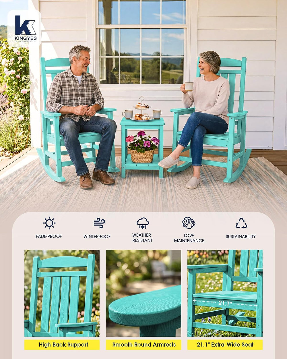 KINGYES Oversized Outdoor Rocking Chair for Adults, Porch Rockers, Aruba