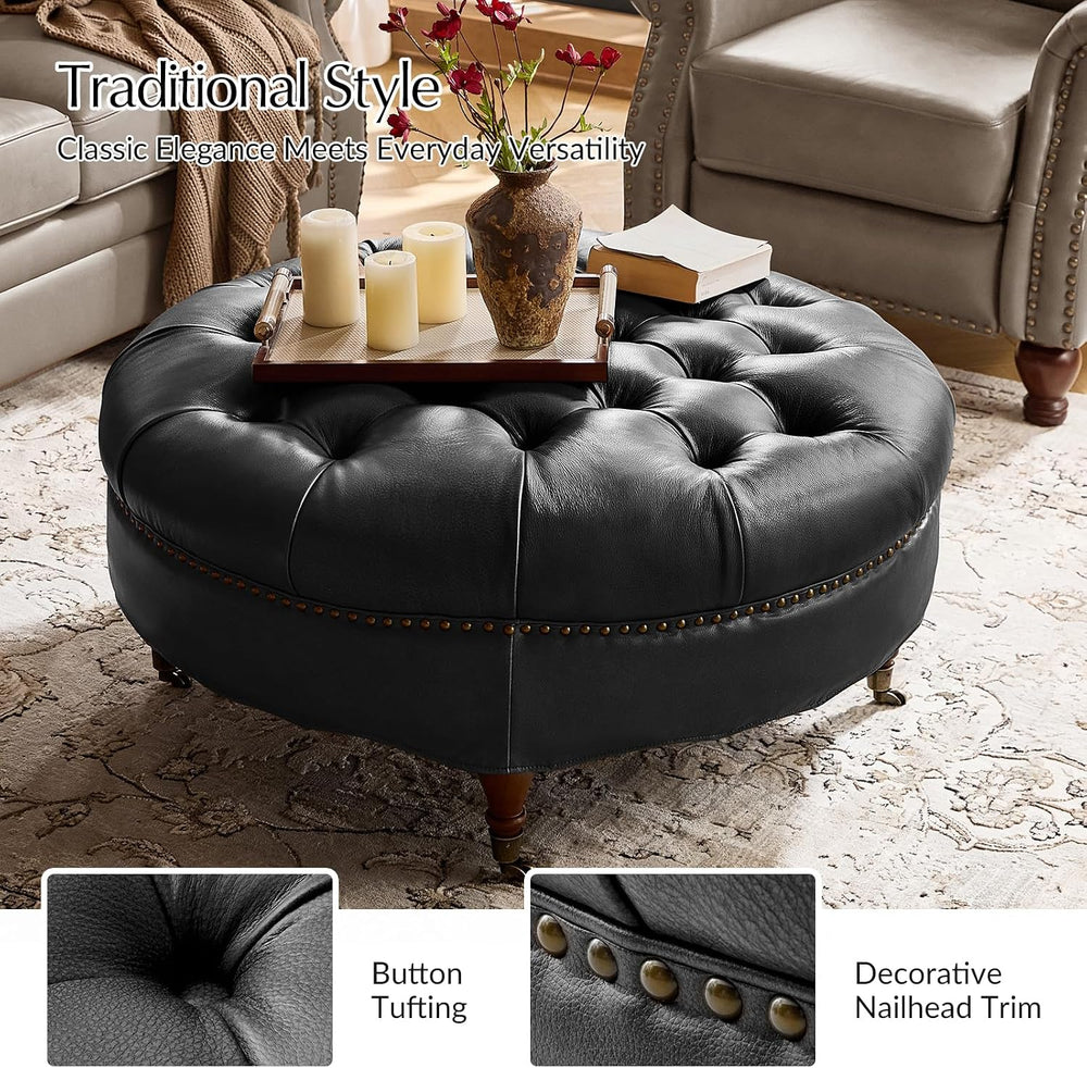 HULALA HOME 40" Genuine Leather Coffee Table with Rolling Wheels, Black