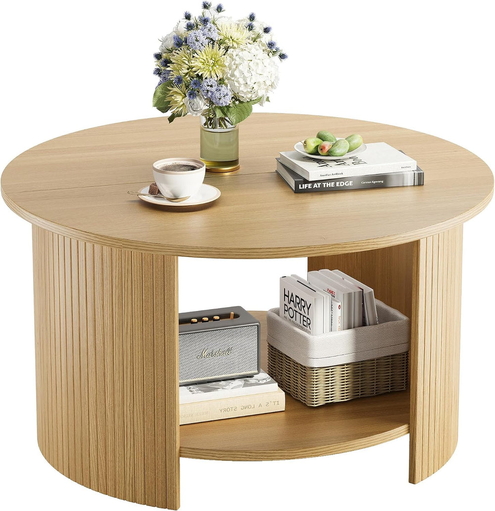 Round Coffee Table with Storage, 31.5" Modern Fluted Center Table, 2-Tie...