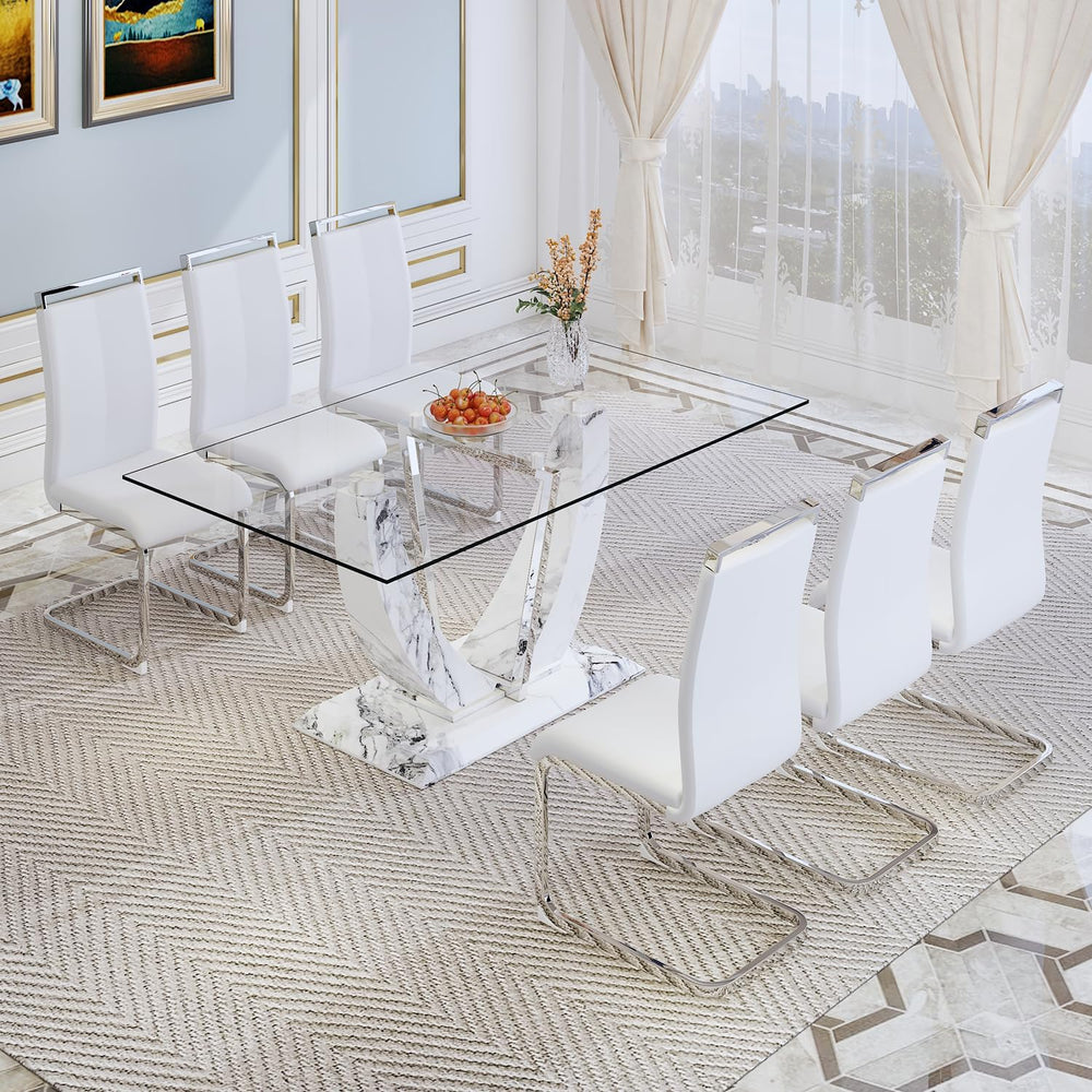 JUFU 7-Piece White Dining Table Set for 6, 63" Rectangular Glass Dining ...