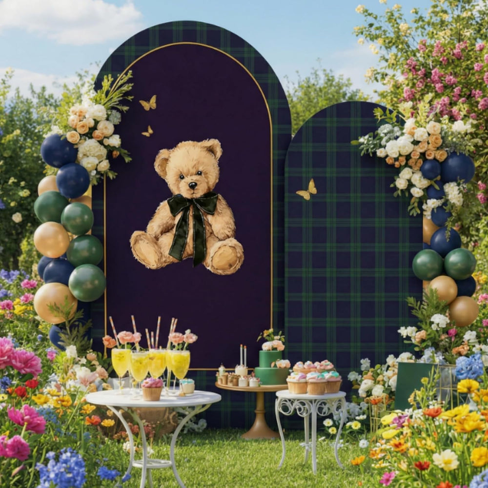 Moukeren Tartan Plaid Teddy Bear Arch Backdrop Cover 6ft and 7.2ft