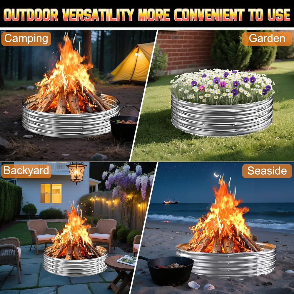 60 Inch Fire Pit Ring 5FT Galvanized Steel, 12" Raised Heavy Duty Wood B...
