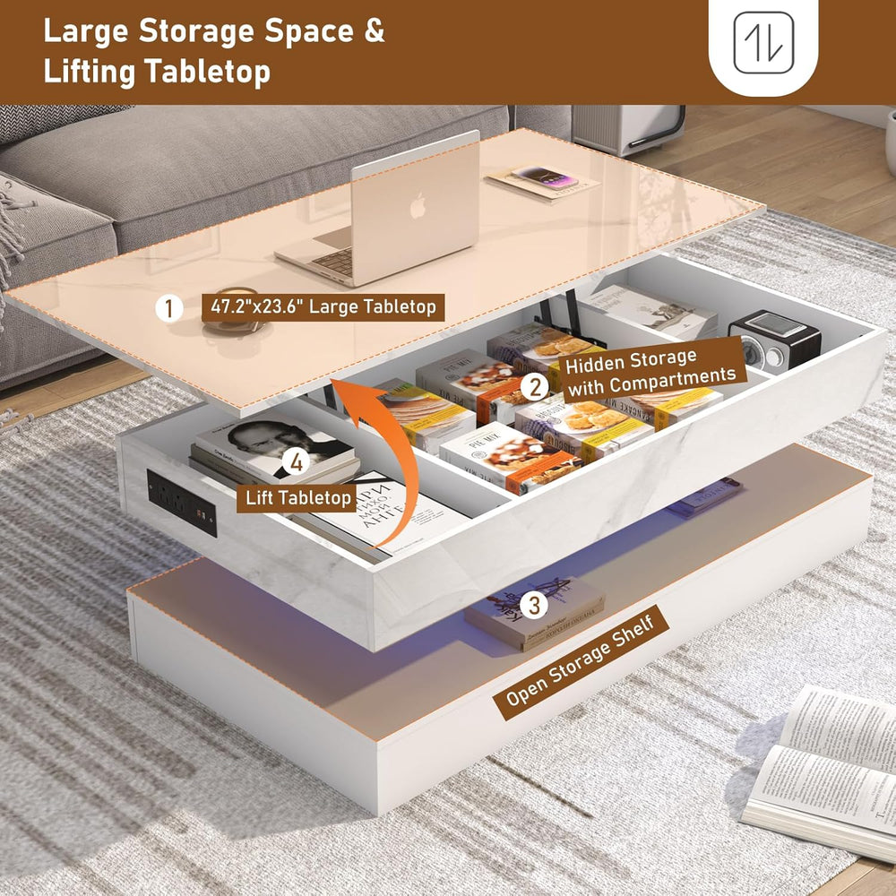 chartustriable 47.2" Large Lift Top Coffee Table, Modern LED High Glossy...