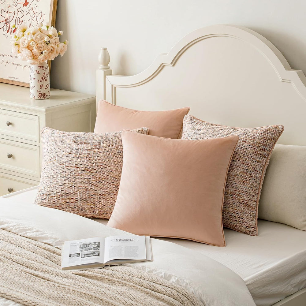 a moment Light Pink 4 Pack Throw Pillow Covers - Chenille & Velvet Set wi...