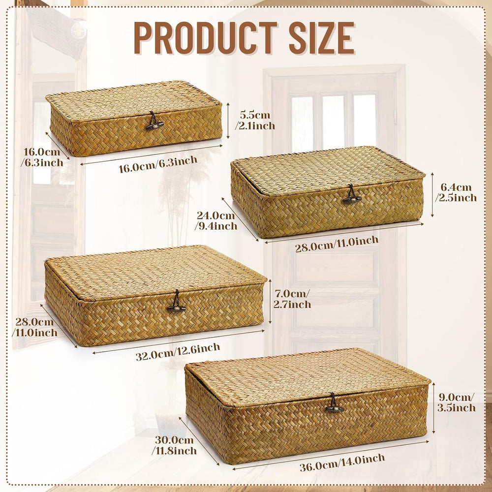 Didaey Set of 4 Seagrass Basket with Lid Wicker Storage Basket Decorative Sto...