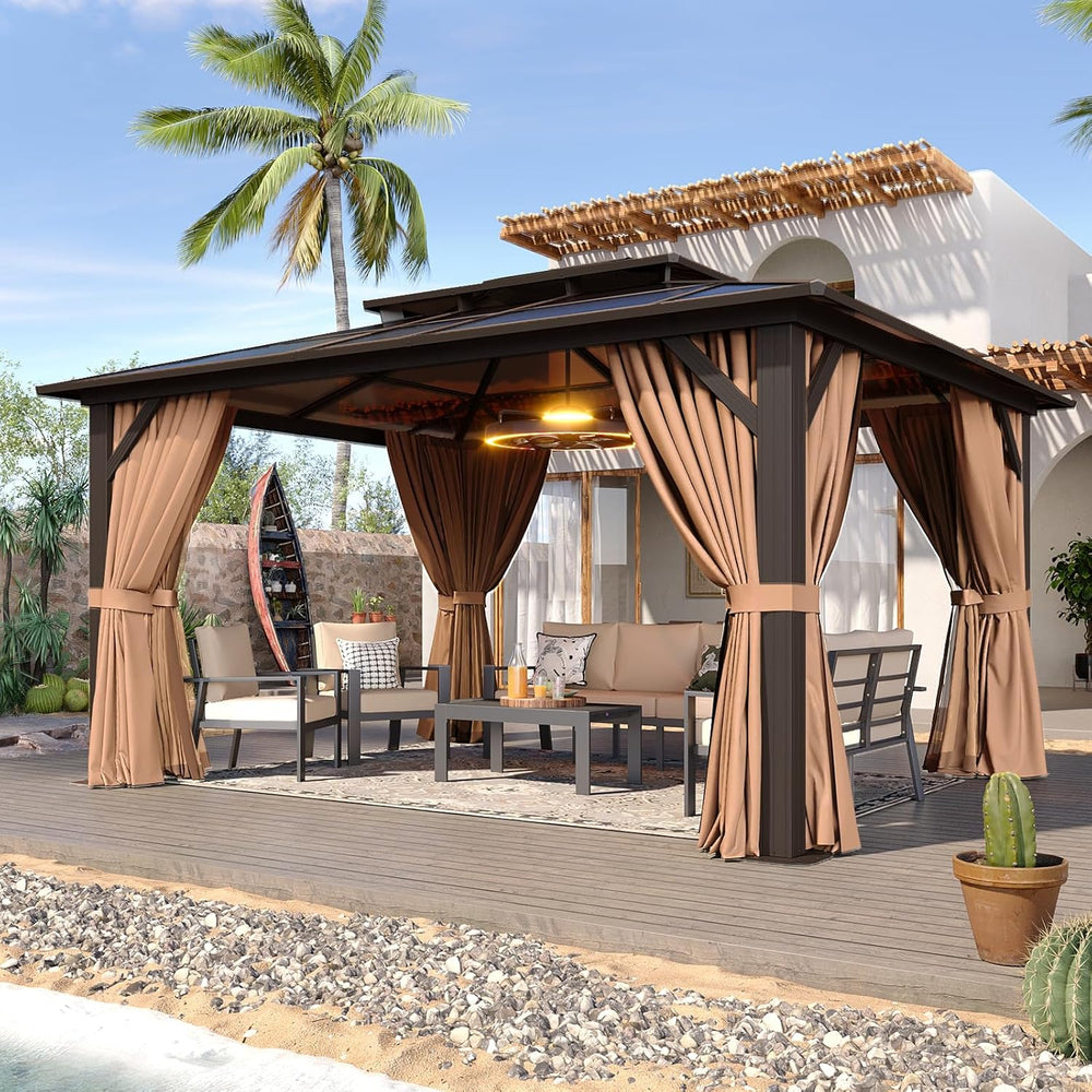 Aoxun 12'x10' Hardtop Gazebo with Polycarbonate Double Roof, Brown