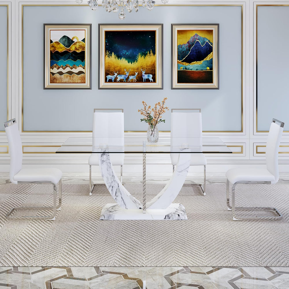 JUFU 7-Piece White Dining Table Set for 6, 63" Rectangular Glass Dining ...