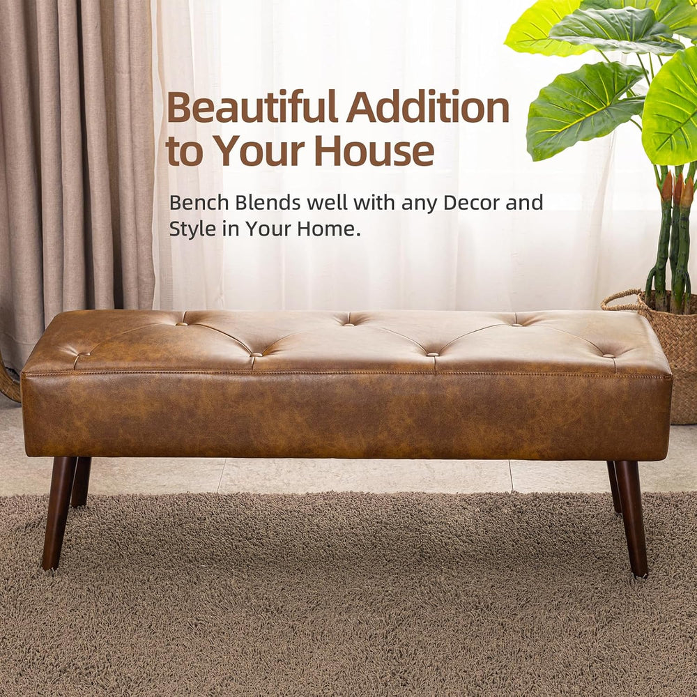 Furniliving 44 Inch Tufted Leather Bench, Leather Footrest Stool Bedroom Benc...