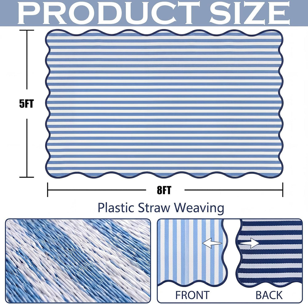 Blue Scalloped Outdoor Plastic Straw Rugs 5x8 ft Reversible Camping Rug Water...