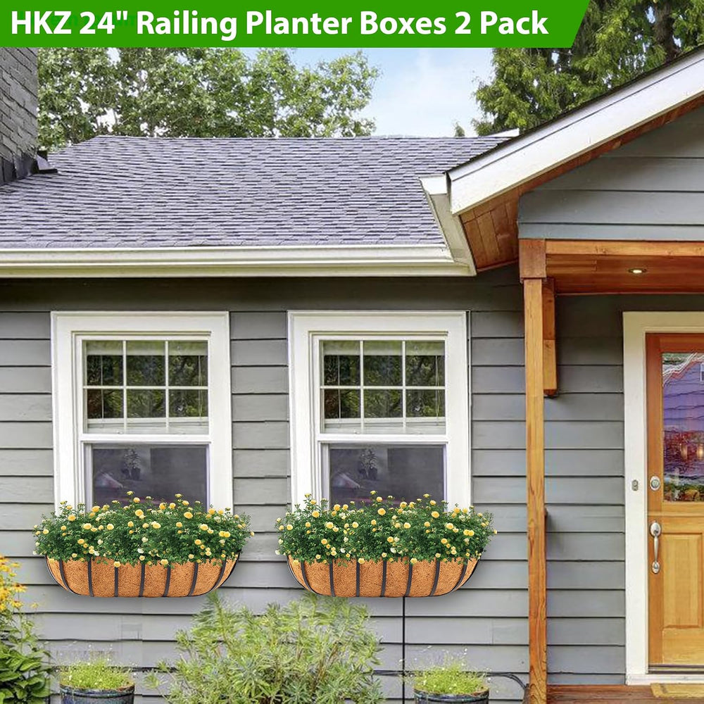 HKZ Deck Balcony Railing Planter Window Boxes - 2 Pack 24 Inch Planter Box, B...
