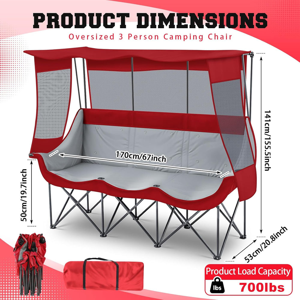 Teenyyou 3 Person Camping Chair with Canopy, 700lbs Heavy Duty, Dark Red