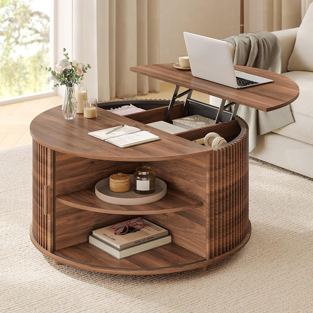 Round Lift Top Coffee Table, 34.6" Modern Coffee Table with 180° Curved ...
