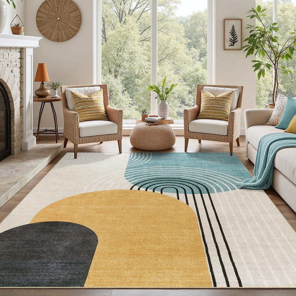 DCX Abstract Washable 6x9 Rug, Non Slip Low Pile Rug, Blue & Yellow