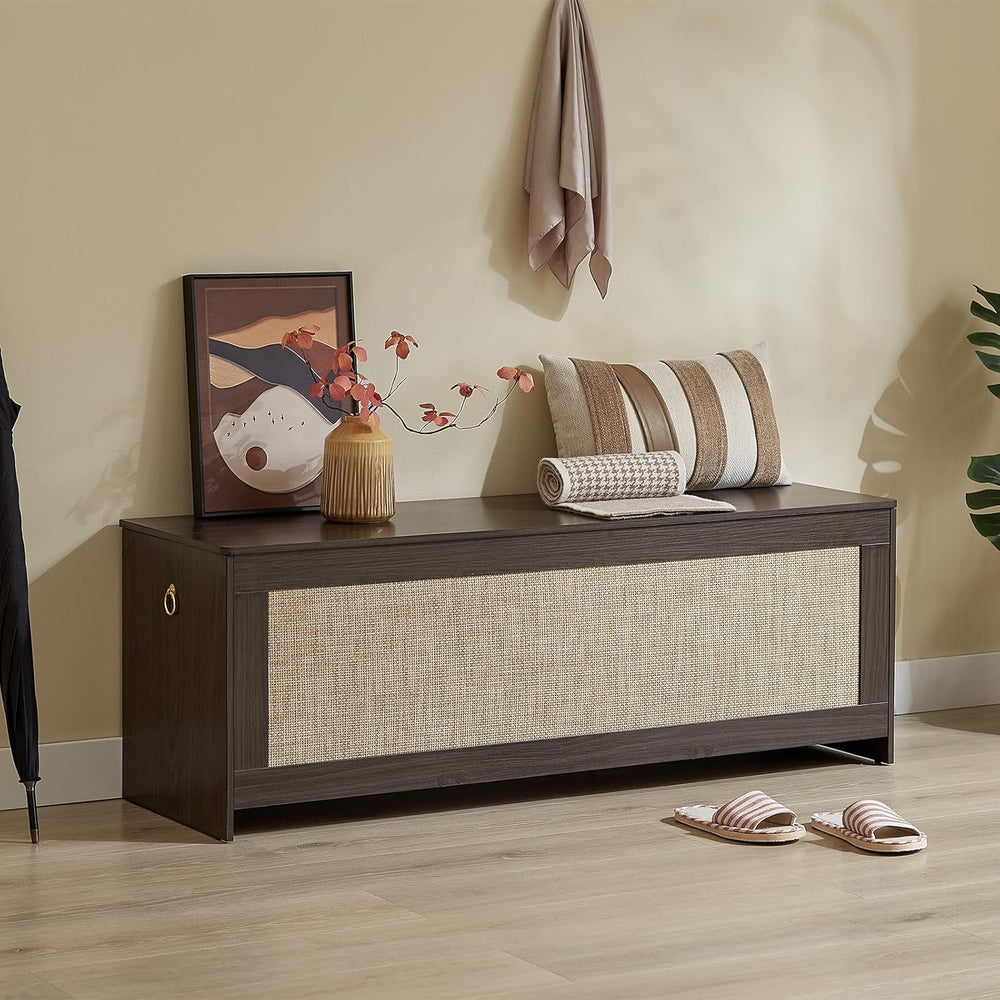 51.2"Storage Chest large,wooden rattan storage bench,Obsidian Black