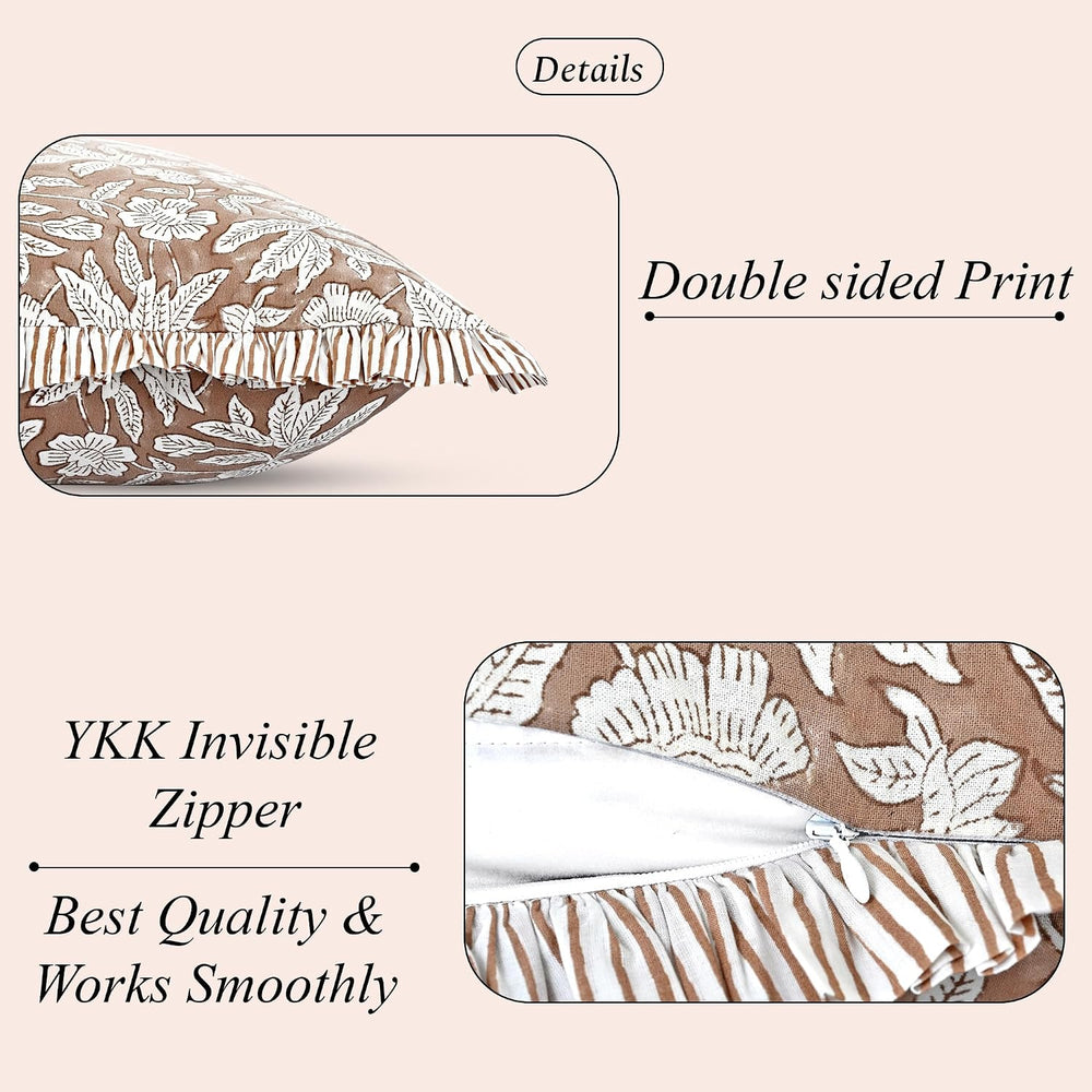 Ridhi Oak Brown Floral Block Print Throw Pillow Covers 16 x 16 Inch (Set of 2)