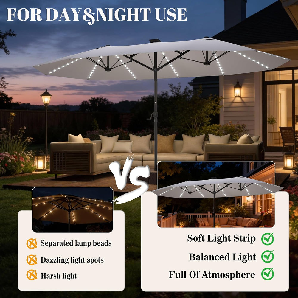 GDPFN 15ft Rectangular Patio Umbrella with Solar LED Lights, Double-Sided Out...