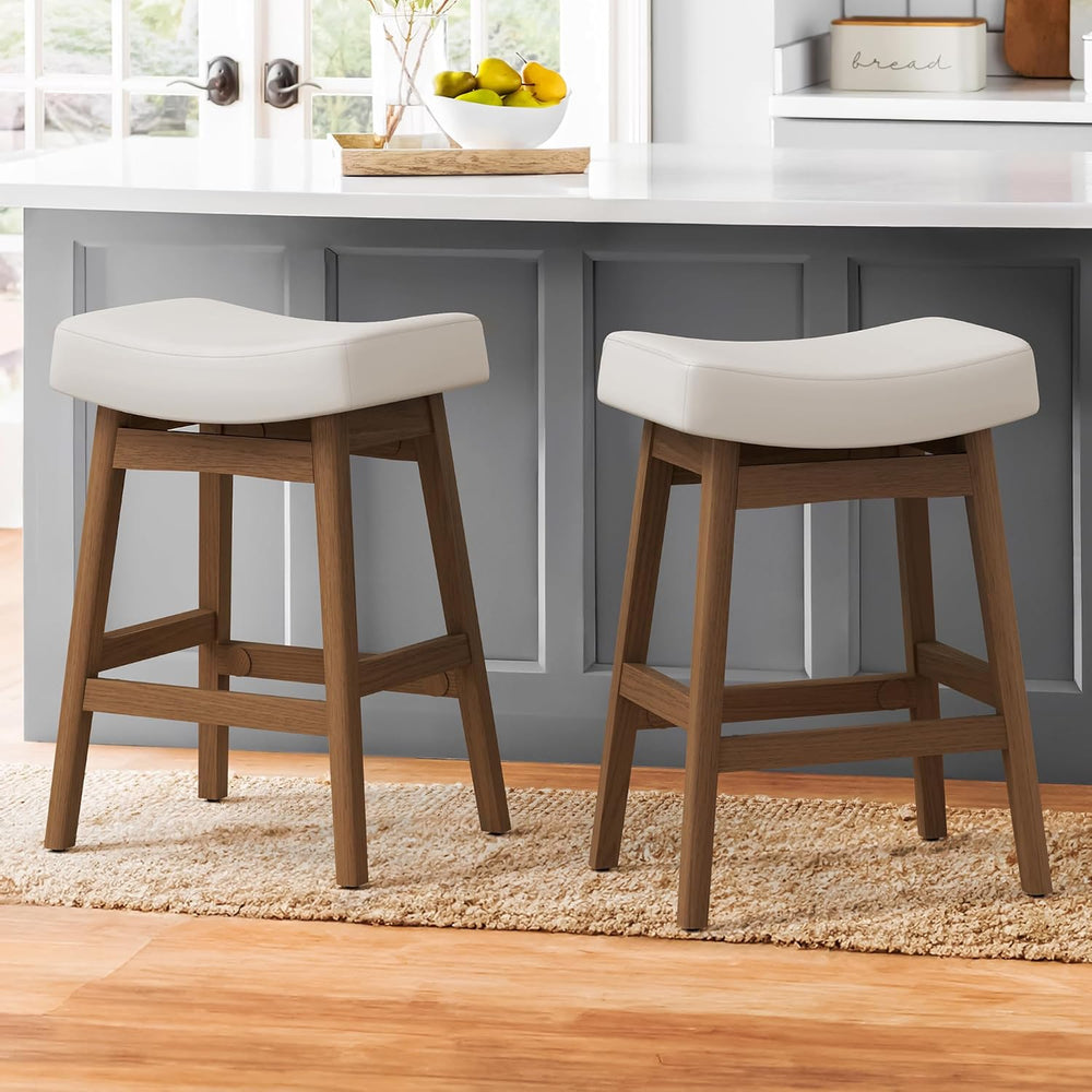 Cozyman Bar Stools Set of 3, Barstools with Sturdy Wood Legs, Saddle Seat Cou...