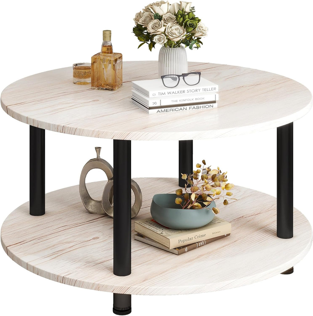 23.6" Round Coffee Table, 2-Tier Small Circle Coffee Table with Storage,...