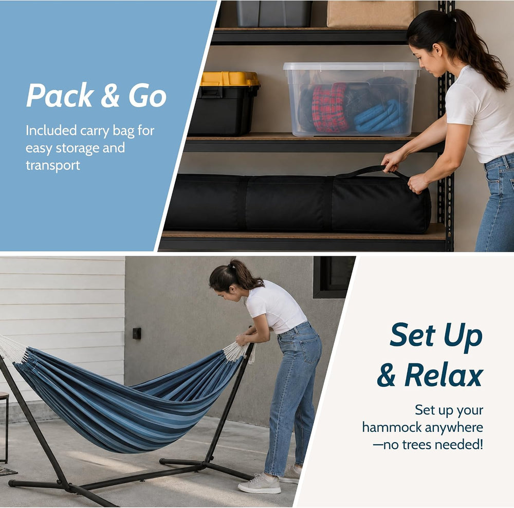 Vivere Double Cotton Hammock, Space Saving Steel Stand, Blue Lagoon, 9 Ft