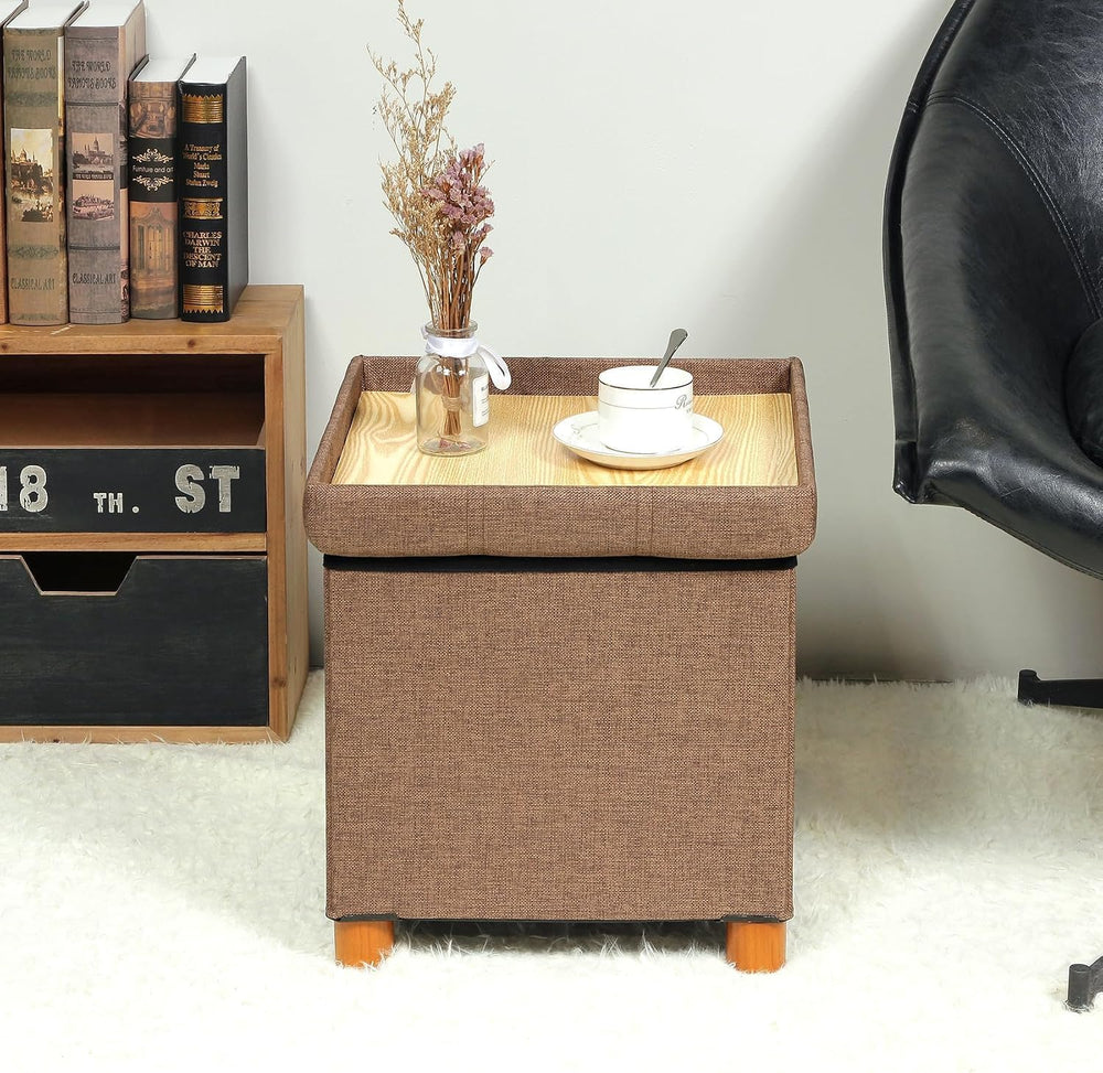 B FSOBEIIALEO 15" Square Storage Ottoman with Tray, Wood Legs, Linen Brown