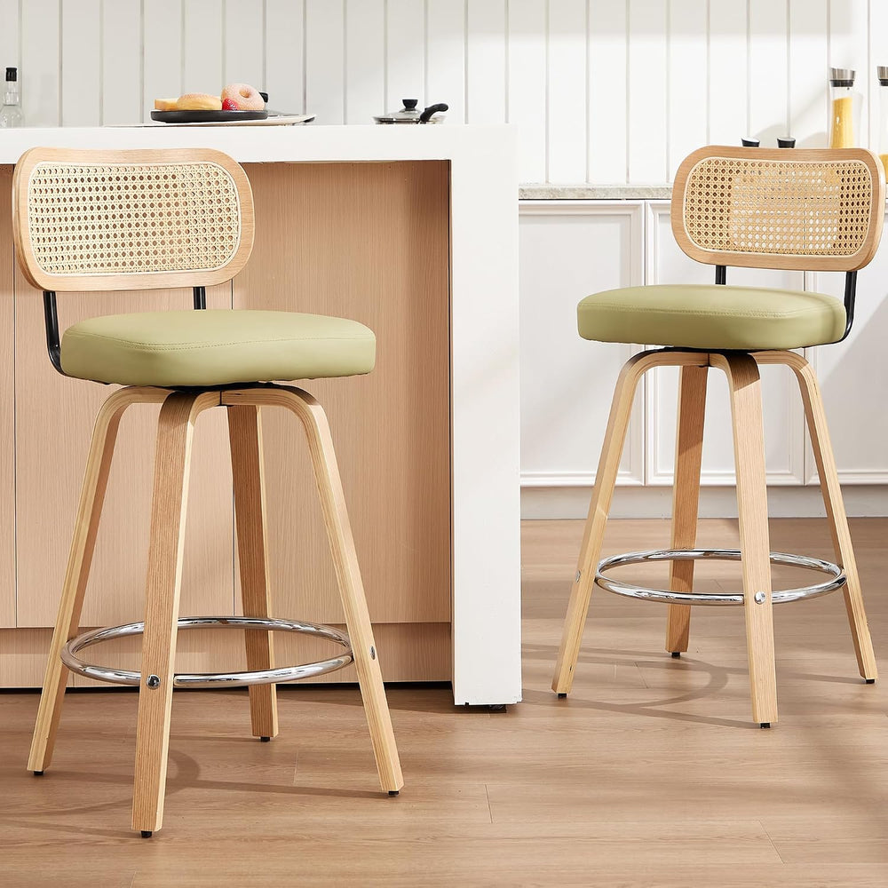 Rattan Bar Stools Set of 2,Upholstered PU Leather, 26‘’ Counter Height Barsto...
