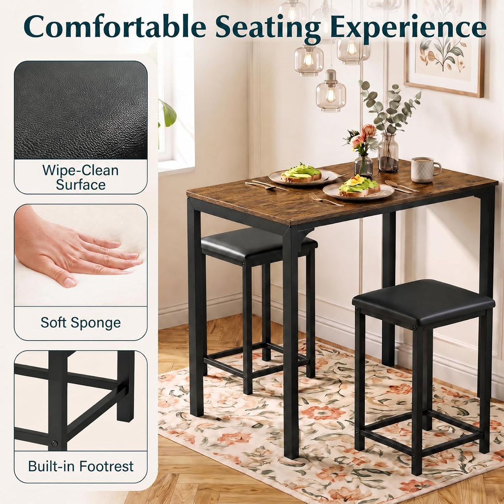 COSTWAY Dining Table Set, Counter Height Table, 2 Upholstered Stools