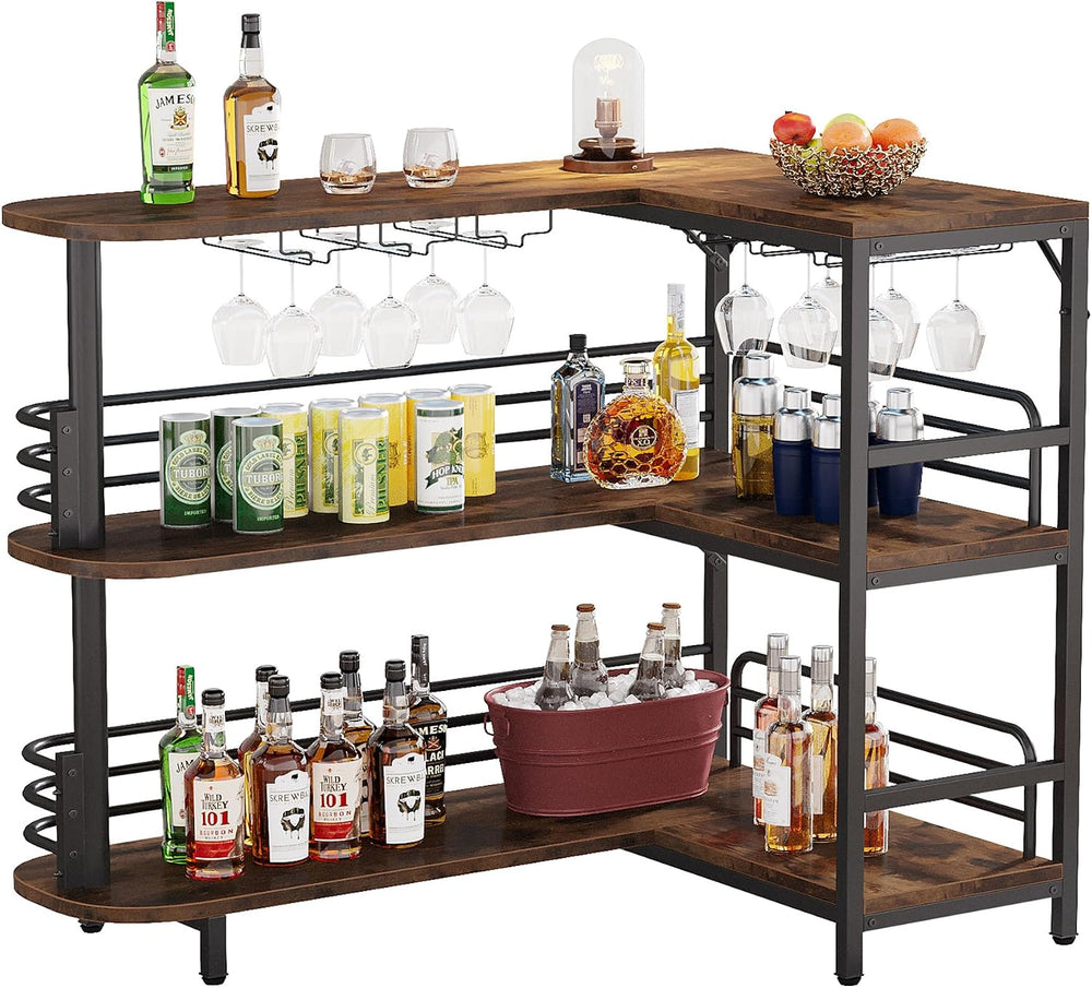 Tribesigns L-Shaped Home Bar Unit, 3 Tier Liquor Table With Storage Shelves a...